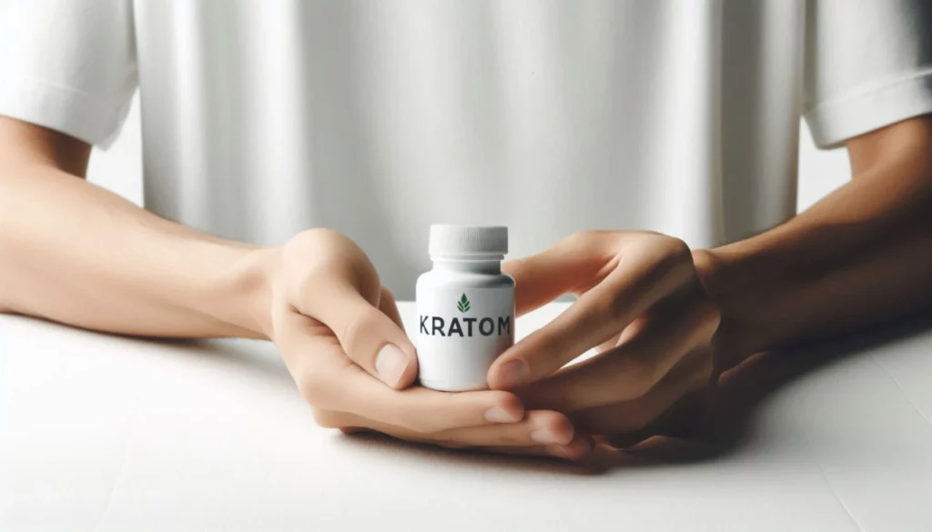 A person holding a small bottle of kratom with both hands over a white surface.