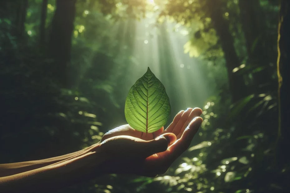 Hands holding a kratom leaf in a lush forest, symbolizing listening to plant medicines.