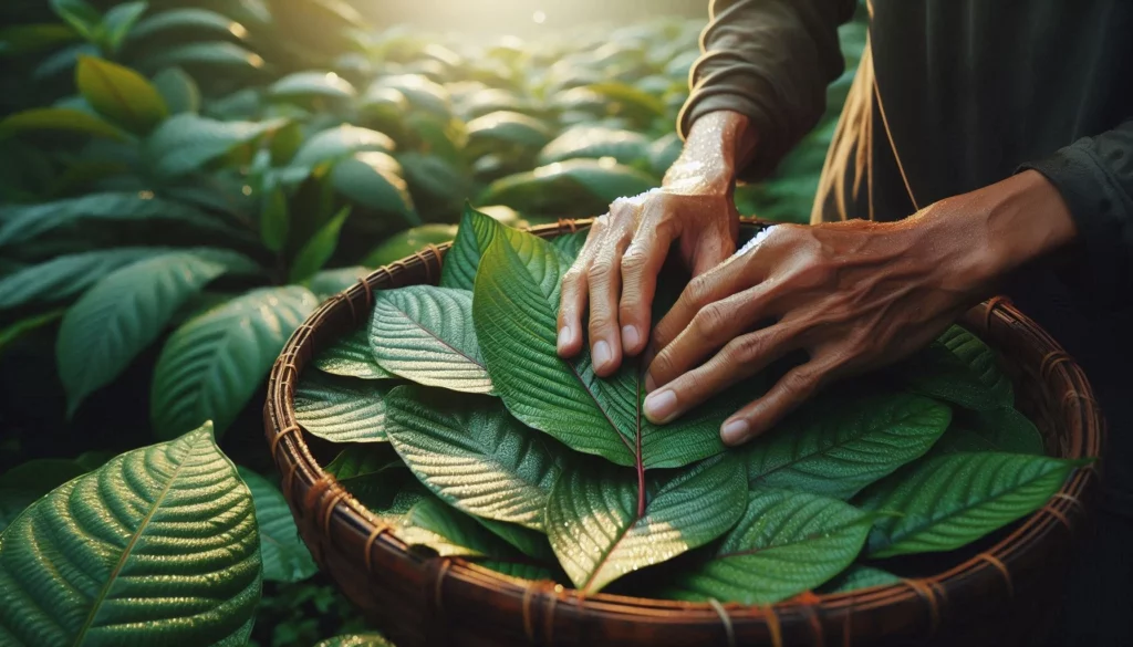 Hands gently arranging Mitragyna speciosa leaves in a woven basket amidst a lush plantation.