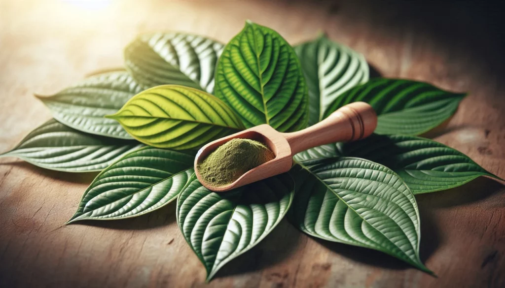 A wooden scoop of kratom powder placed atop lush green leaves.