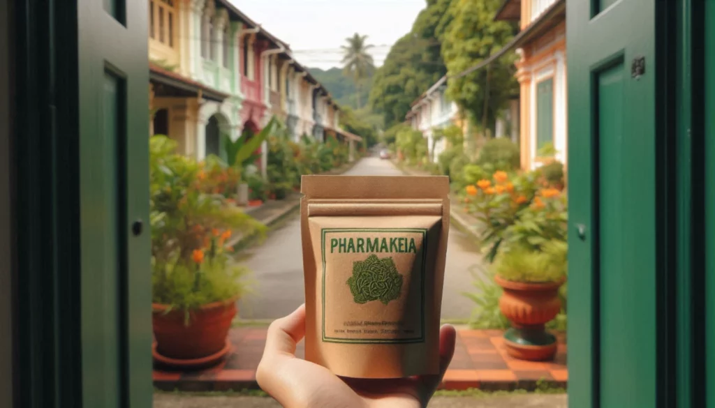 A hand holding a Pharmakeia packet in front of an open doorway