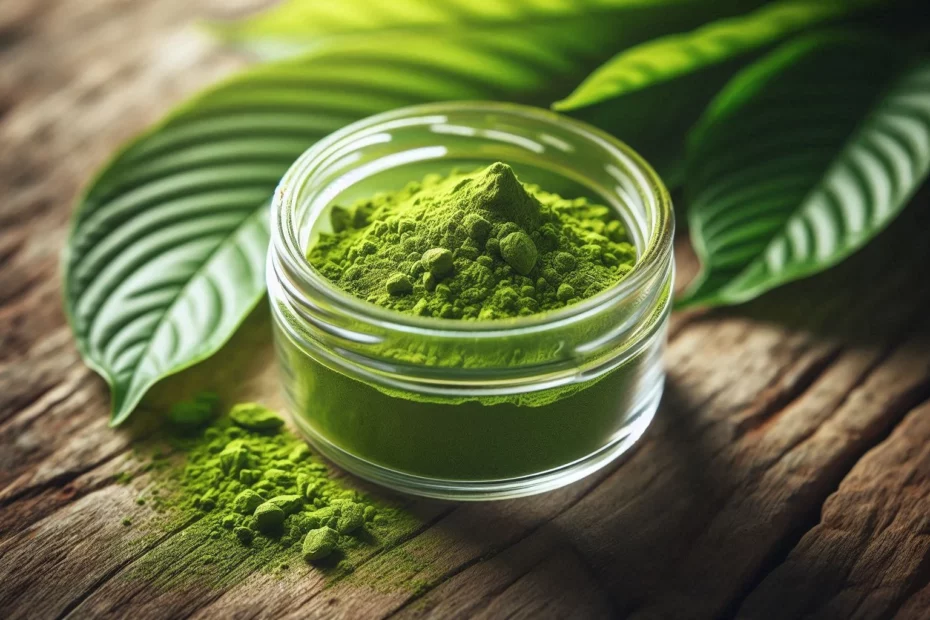 Glass jar of green powder surrounded by leaves on a wooden surface. A stark difference between fresh vs stale kratom.
