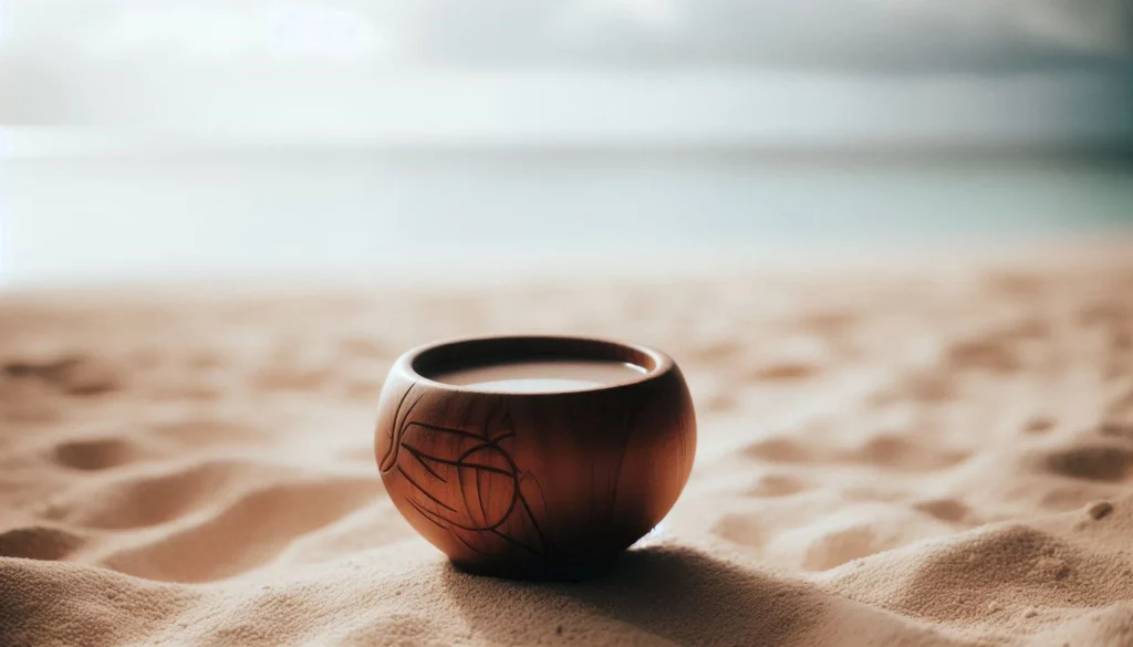 Wooden bowl containing a kava drink placed on a sandy beach with ocean in the background.