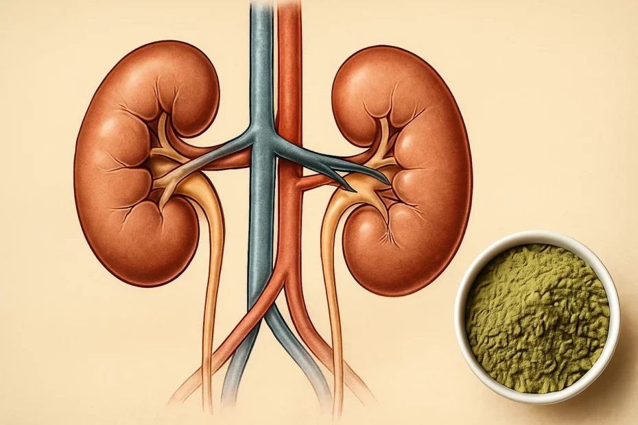 Kratom and kidney health, with an illustration of the kidneys and a small bowl of kratom powder.
