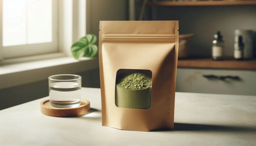 Brown kraft paper bag with green powder on kitchen counter