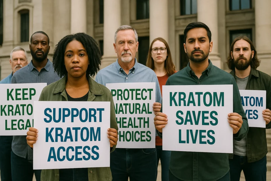 Kratom advocacy groups holding signs for legalization in front of a government building