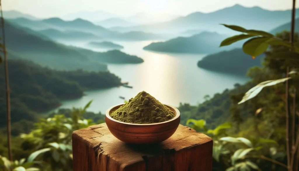 A wooden bowl filled with green powder placed on a stump with a lake and mountain backdrop.
