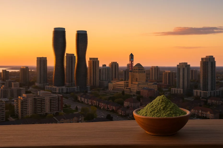 Kratom in Mississauga, with a wooden bowl of kratom powder overlooking the city skyline at sunset.
