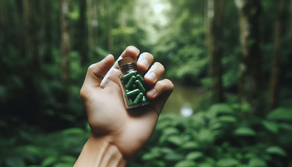 Hand holding a glass bottle filled with kratom capsules in a forest.
