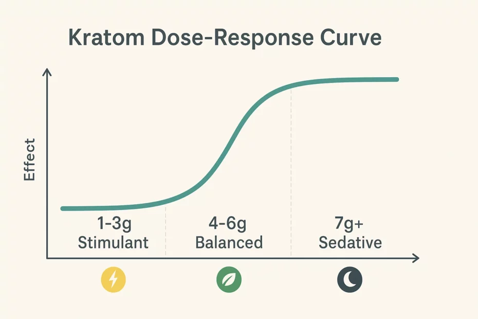 Graph showing Kratom dose-response curve with effects ranging from stimulant to sedative.