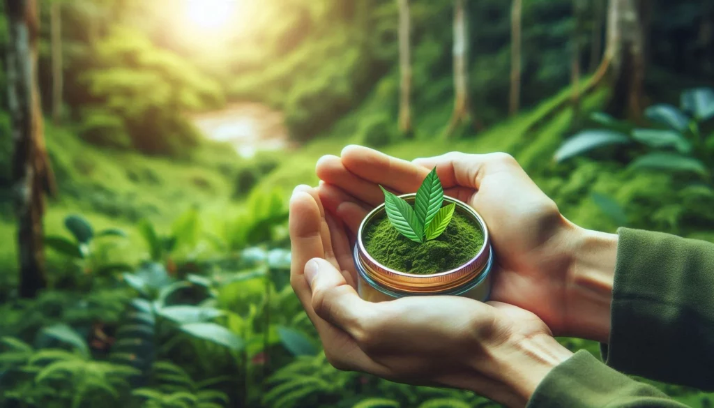 Hands holding a small jar of kratom powder with a green plant in a forest