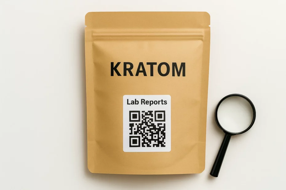 Kraft package with a QR code sticker and a magnifying glass, highlighting kratom lab reports.