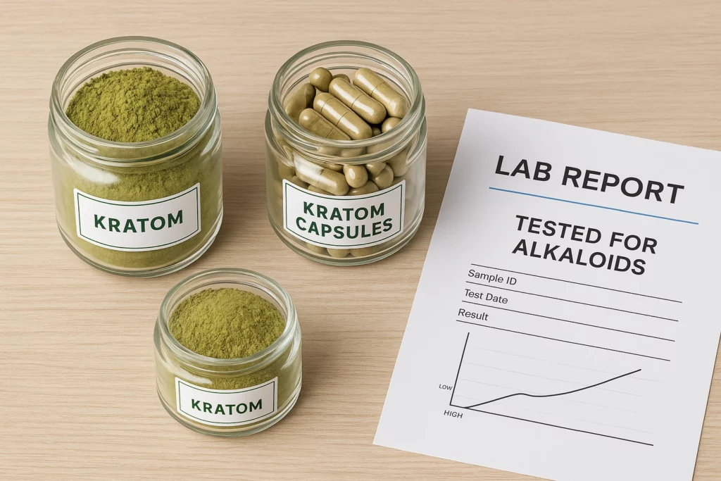 Glass jars of kratom powder and capsules alongside a lab report on a wooden table.