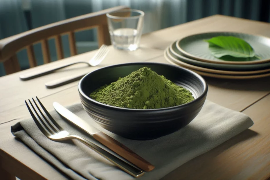 A black bowl of kratom with utensils and a glass of water on a wooden table, highlighting kratom appetite effects.