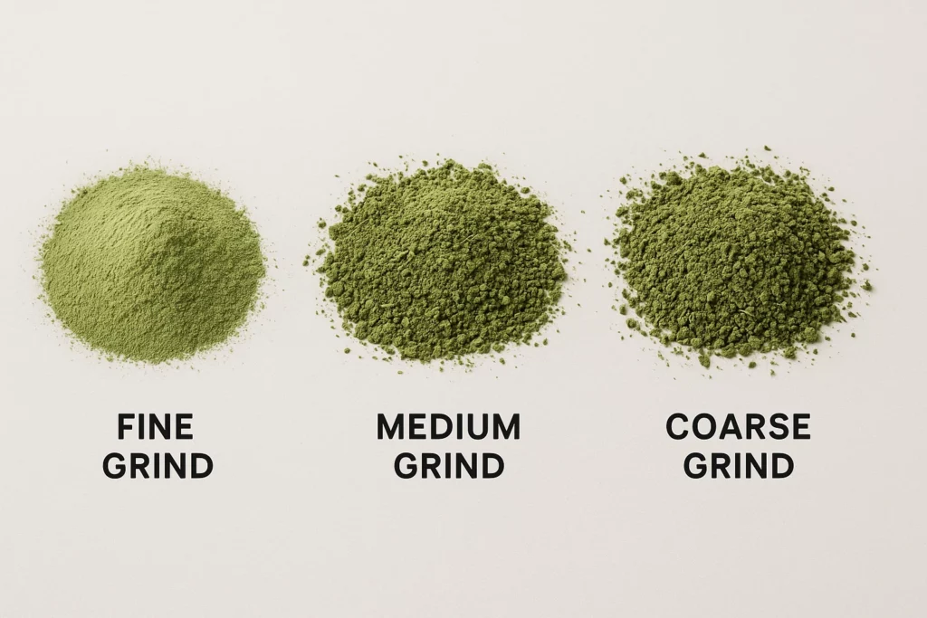 Three piles of kratom powder labelled as fine, medium, and coarse grind.