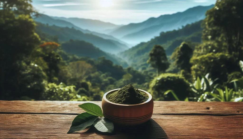 A bowl of kratom powder with fresh leaves on a wooden table, overlooking a mountain landscape.
