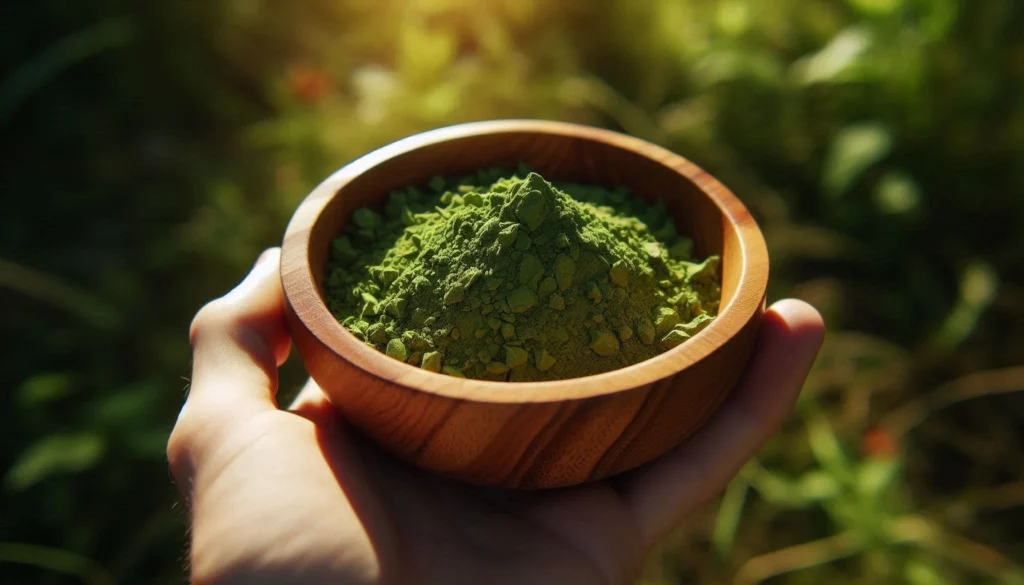 Hand holding a wooden bowl filled with kratom powder outdoors
