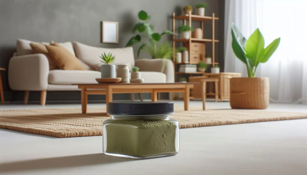 Glass jar of kratom powder on a living room floor, surrounded by modern furniture and indoor plants.