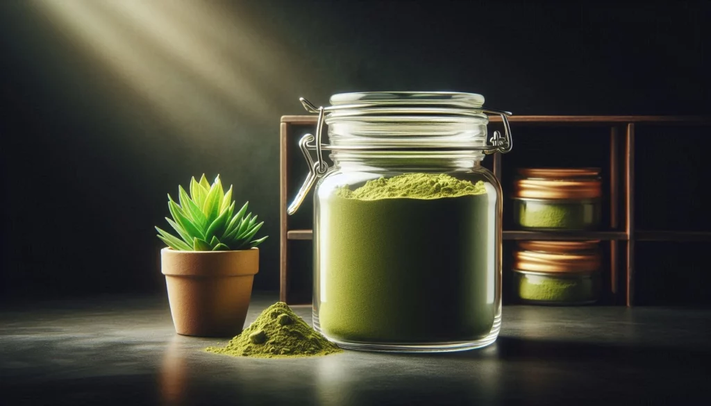 Glass jars filled with kratom powder next to a small potted plant.