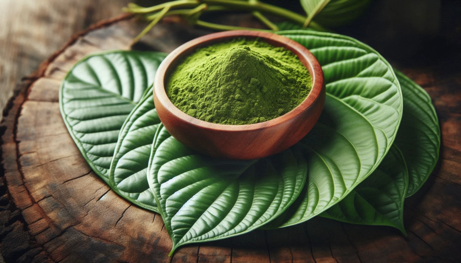 Wooden bowl of kratom powder on large leaves, highlighting kratom partial agonist properties.