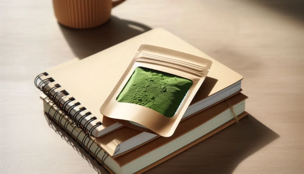 A packet of kratom powder resting on a stack of notebooks with a mug nearby
