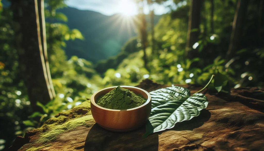 Wooden bowl filled with kratom powder alongside a large green leaf in a forest