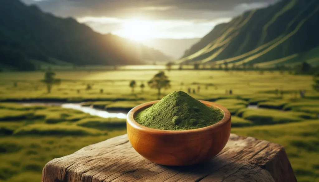 Kratom powder in wooden bowl with valley sunset view.