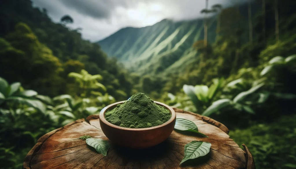 Wooden bowl of kratom powder on tree stump in lush forest