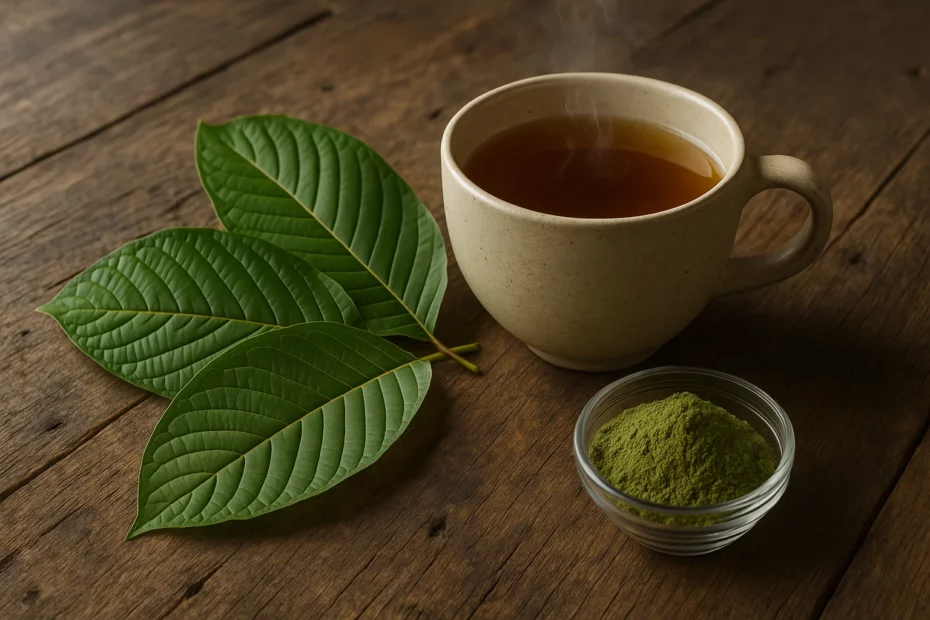 Ceramic cup of steaming kratom tea beside a bowl of green powder and fresh leaves, highlighting the tannins in kratom.