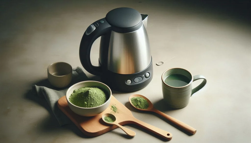 Kratom tea setup with kettle and cups on a table