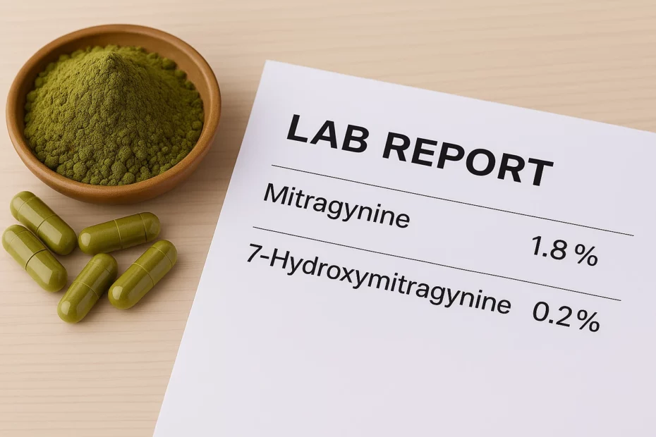 Lab report of mitragynine vs 7-hydroxymitragynine with kratom powder and capsules on a wooden surface