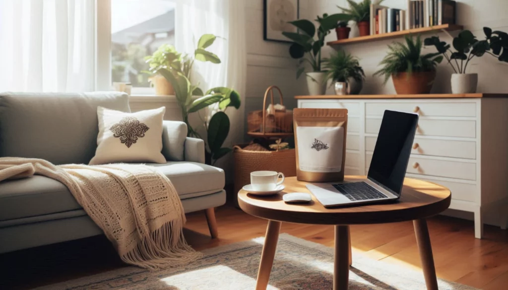 A cozy living room with a laptop, coffee cup, sealed kraft bag and plant-filled shelf.