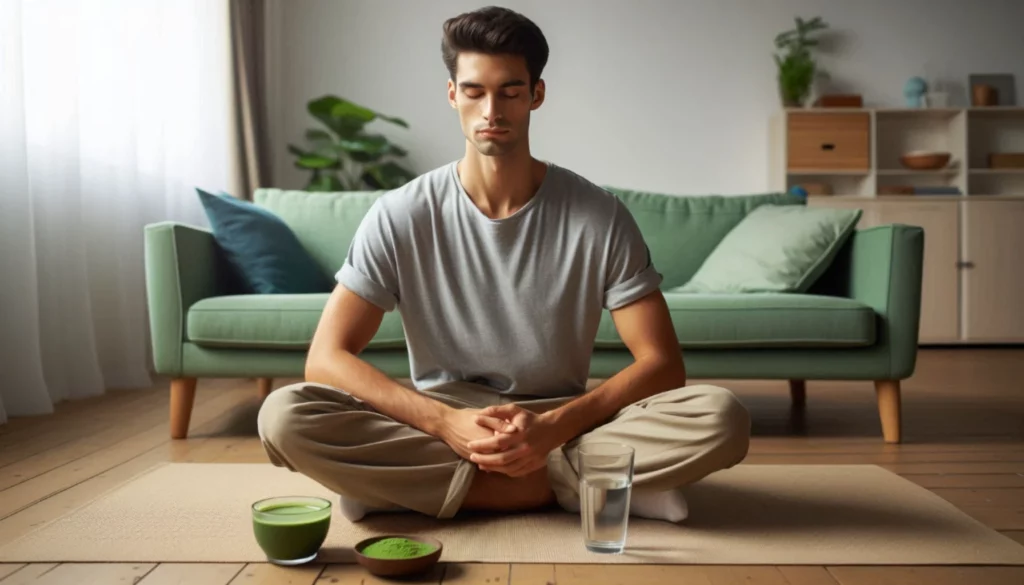 Man meditating on a mat with a kratom drink and water in their living room.