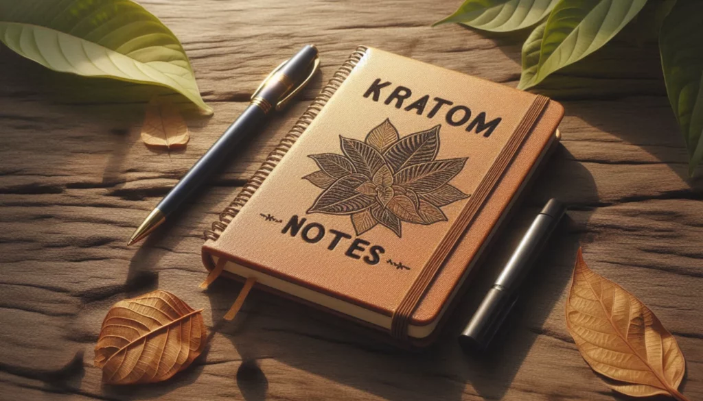 Notebook labelled "Kratom Notes" with pens and leaves on a wooden surface.