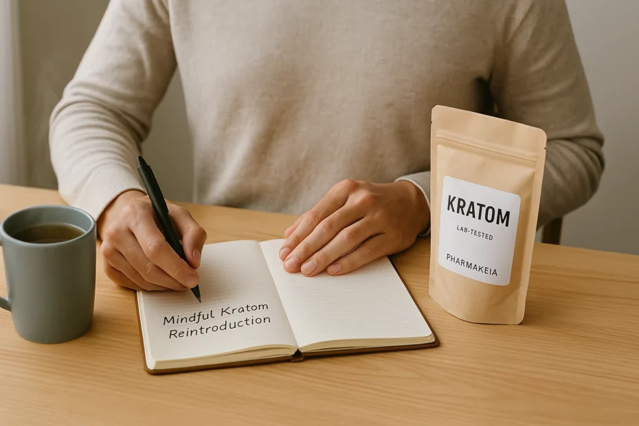 A person journaling with a packet of lab-tested kratom and a steaming tea cup on a wooden table, aiding to reintroduce kratom.