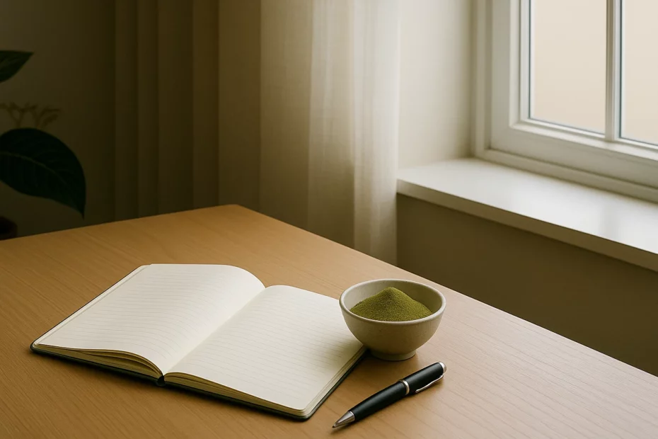 Open notebook used as a kratom journal with a pen and a bowl of green powder on a wooden desk