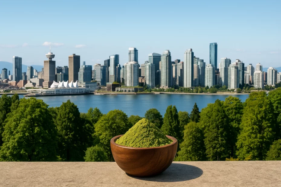 A bowl of kratom powder overlooking a city skyline, perfect for kratom in Vancouver.