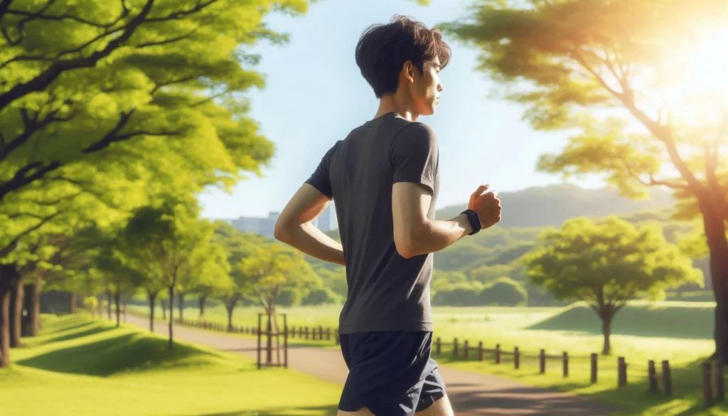 Runner in a dark shirt jogging on a scenic path with trees and sunlight.