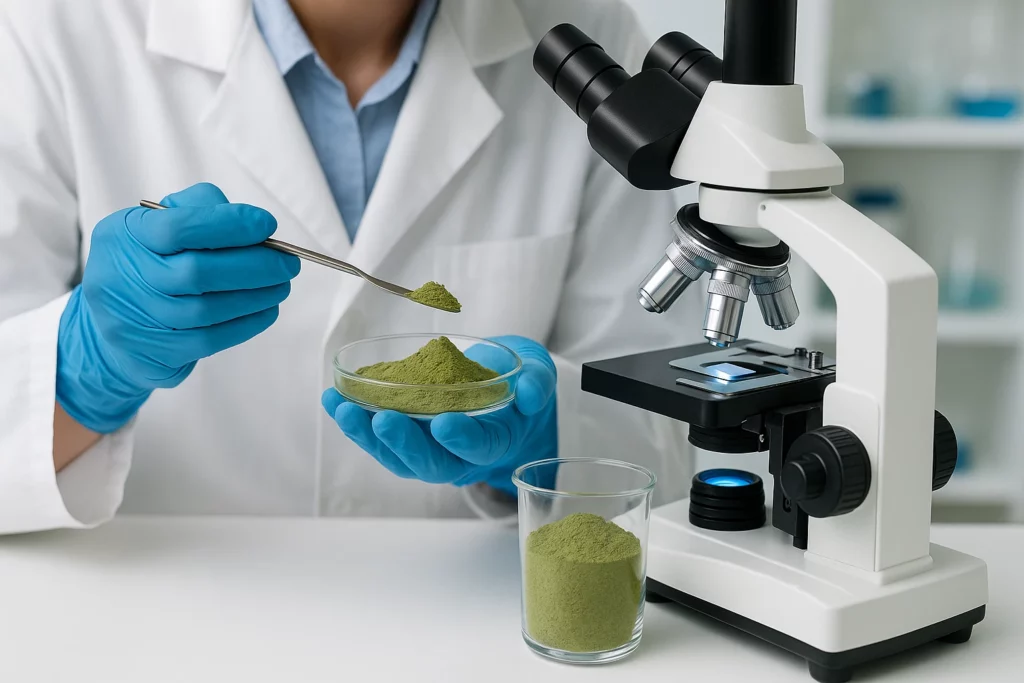Scientist in lab examining kratom powder with microscope