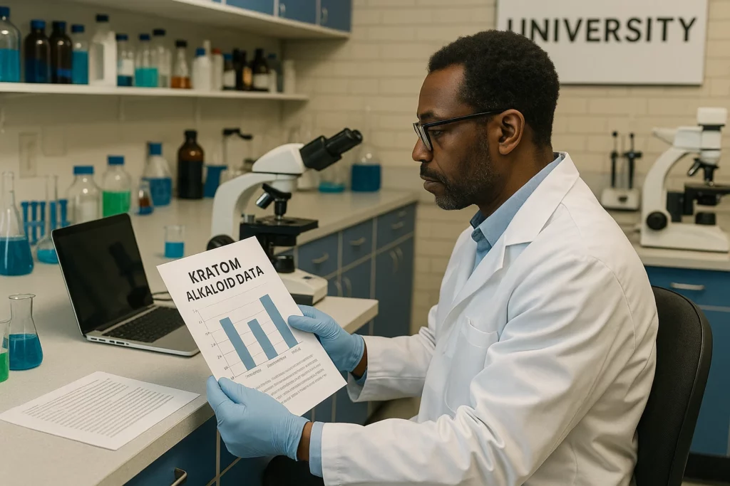 Scientist in lab coat reviewing kratom alkaloid data in a university laboratory.