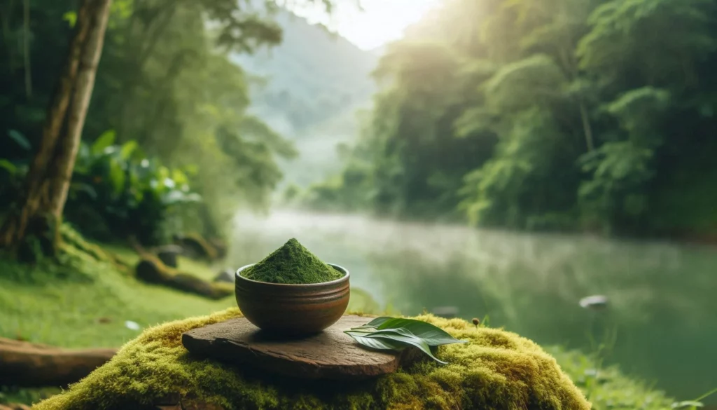 A serene forest landscape with a wooden bowl of kratom powder on a mossy rock near a calm river.