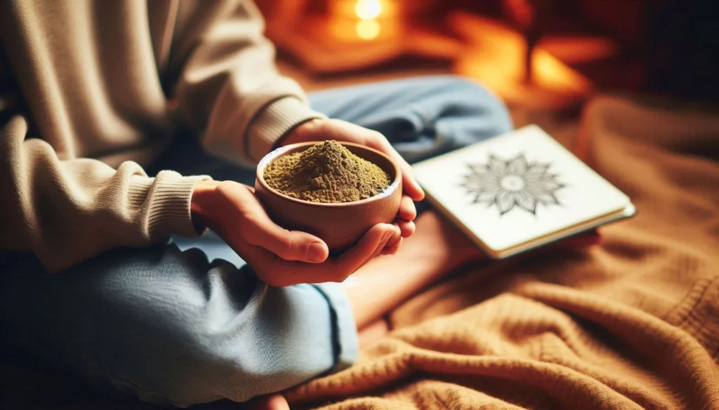 A person holding a ceramic bowl of kratom with a journal nearby.