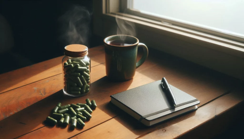 A steaming mug, green capsules, and notebook on a wooden table by a window.