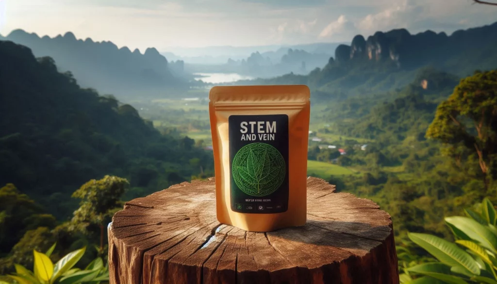 A package of "Stem and Vein" product placed on a wooden stump with a mountainous landscape in the background.