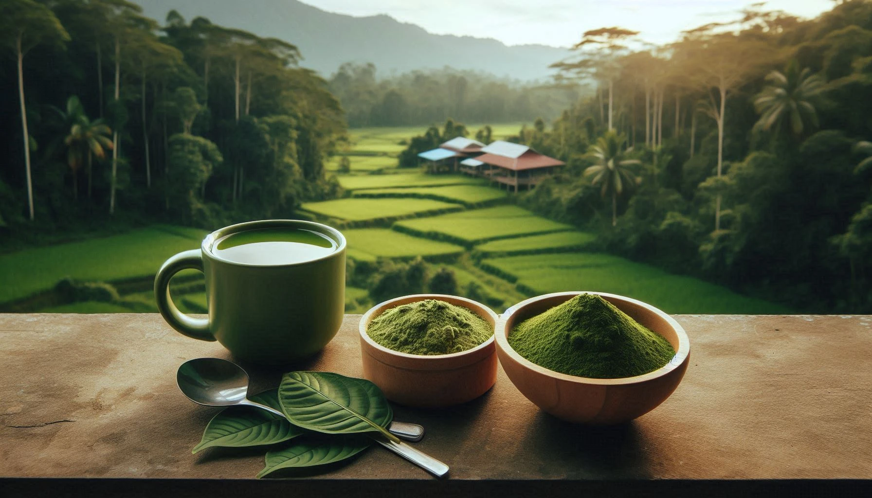 Kratom tea in a cup with bowls of powder and leaves against a rural mountain backdrop, showcasing different kratom grind sizes.