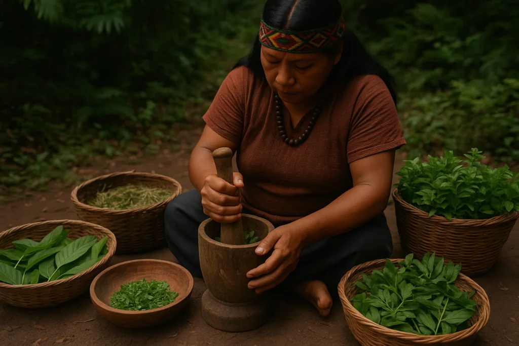 Person preparing herbal medicine with mortar and pestle in a forest
