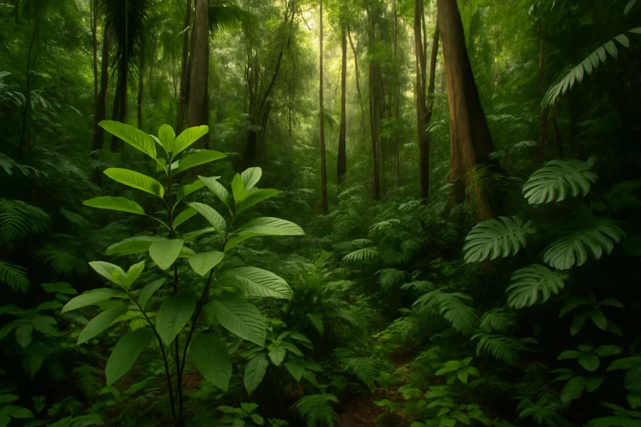 Tropical rainforest with sunlight filtering through trees, an example of a plant medicine ecosystems