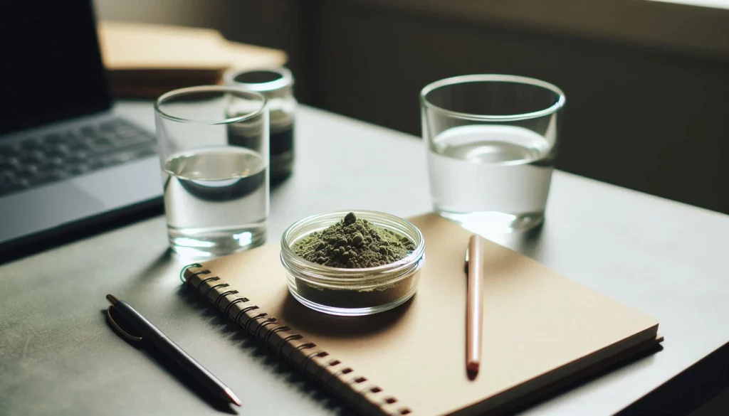 A glass jar of kratom powder with two glasses of water on a desk beside a notebook and pen.