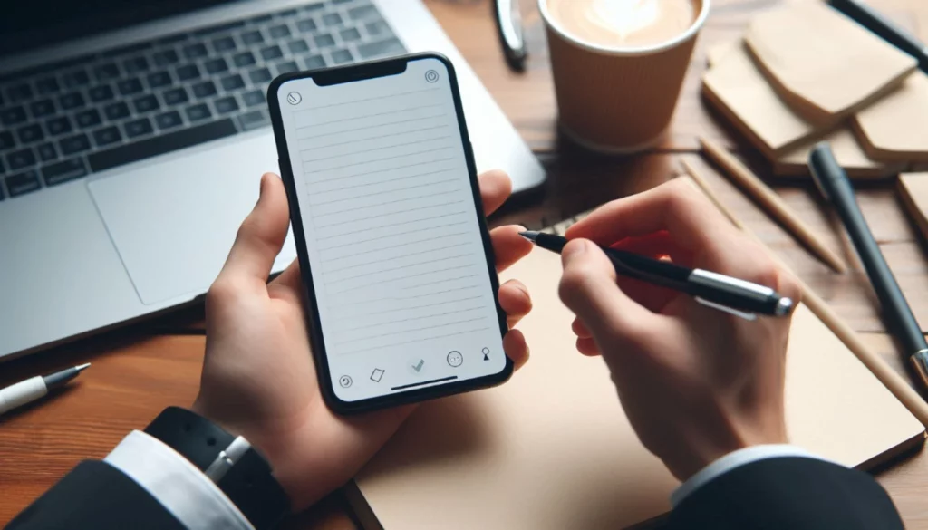 Person writing on a smartphone with a stylus, surrounded by a laptop, coffee, and notebooks.