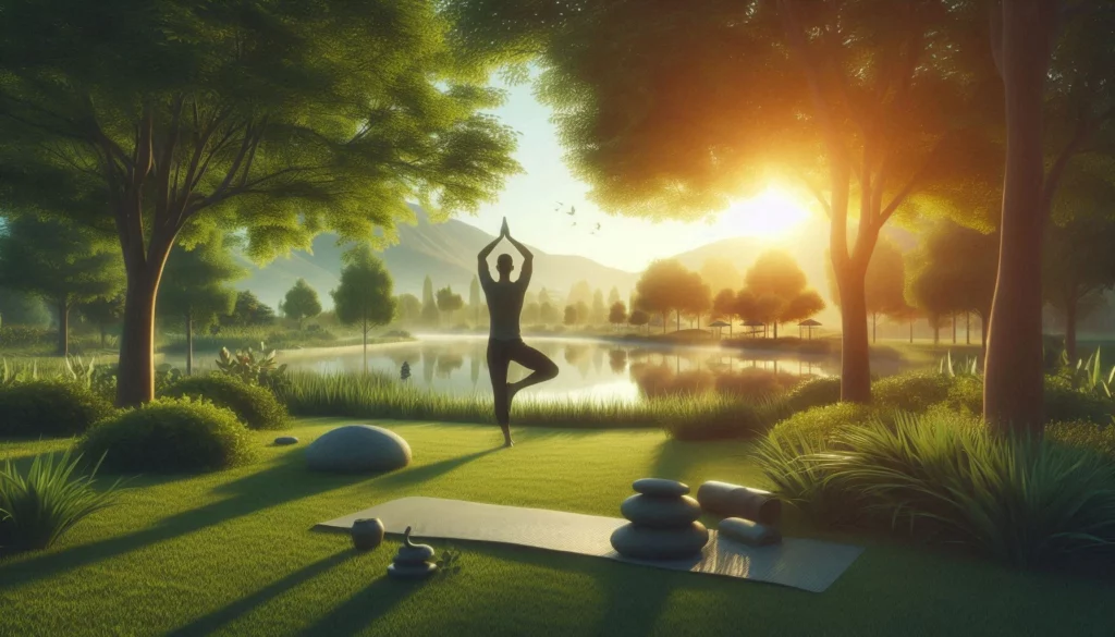 Person practicing a yoga pose by a lake at sunrise.